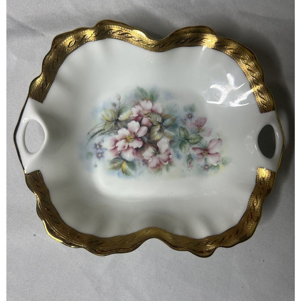 Limoges France Versailles Porcelain Trinket Dish Wavy Gold Trim‎ Pink Flower